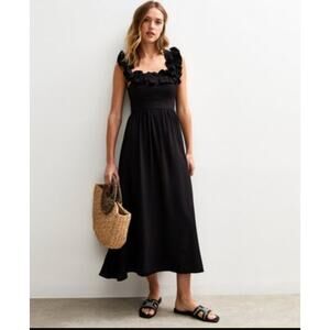 H&M Ruffled Square Neck Open Tie Back Midi Dress Black Gauzy Cotton Small EUC